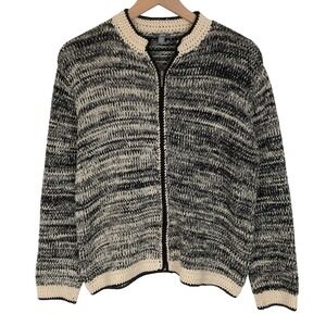 J. JILL 100% Cotton Knit Full Zip Cardigan Sweater Sz M Black Ivory Crochet Trim